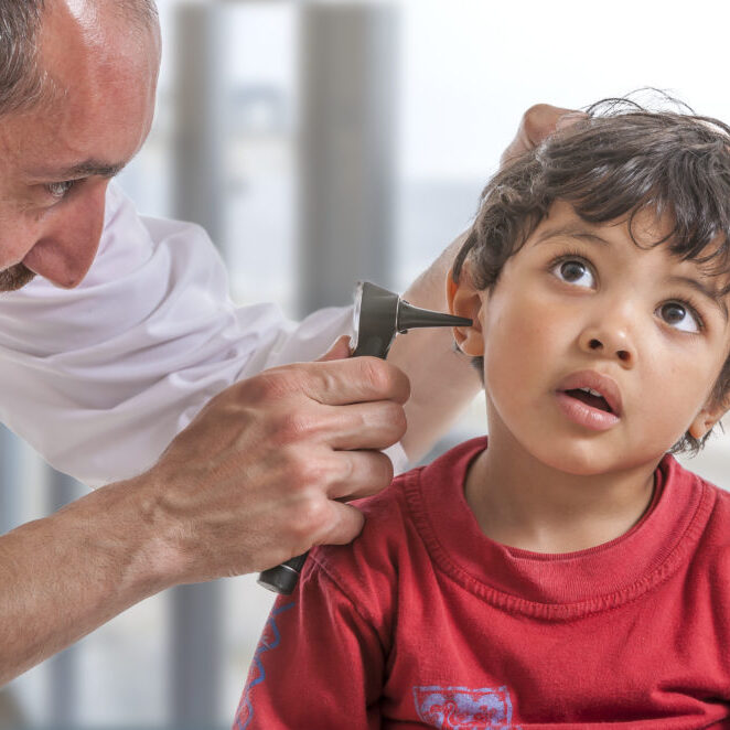 ENT medical examination with the otoscope, in one child